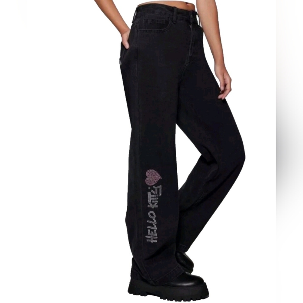 Hello Kitty Forever 21 Deadstock Black W Rhinestone Baggy Jeans Y2K NWT Size 30